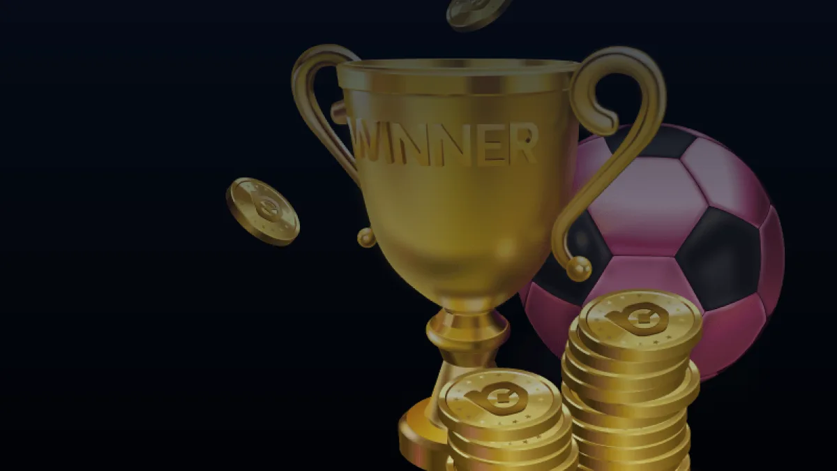 Cúp vàng WINNER, đồng xu và quả bóng trên nền tối